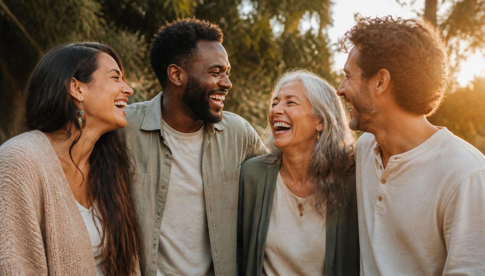 A diverse group of friends laughing together outdoors at golden hour